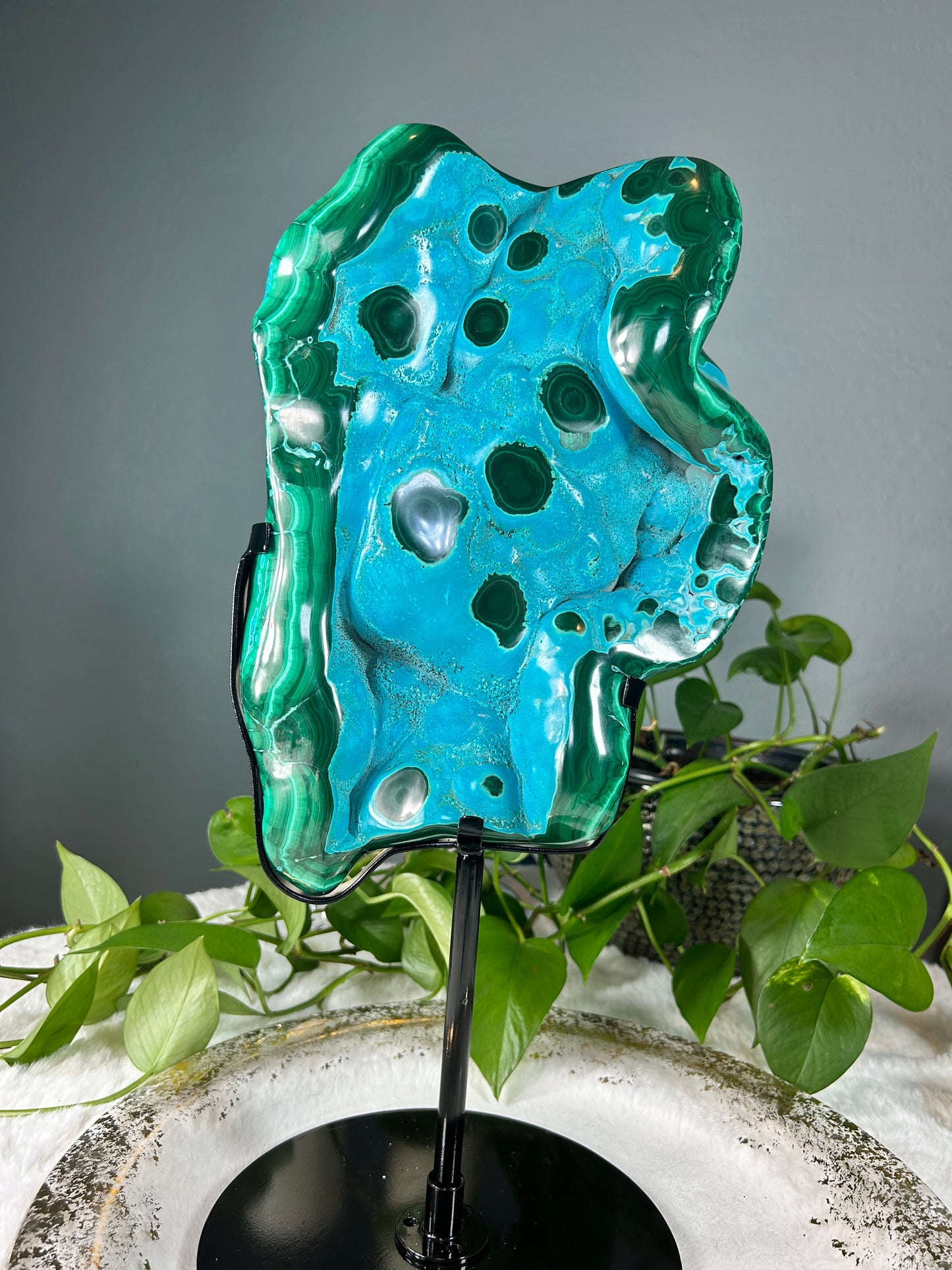 XX-Large chrysocolla malachite half raw half polished crystal statement piece with custom stand - 21.49 pounds (8.5in x 12.5in x 3.5in)