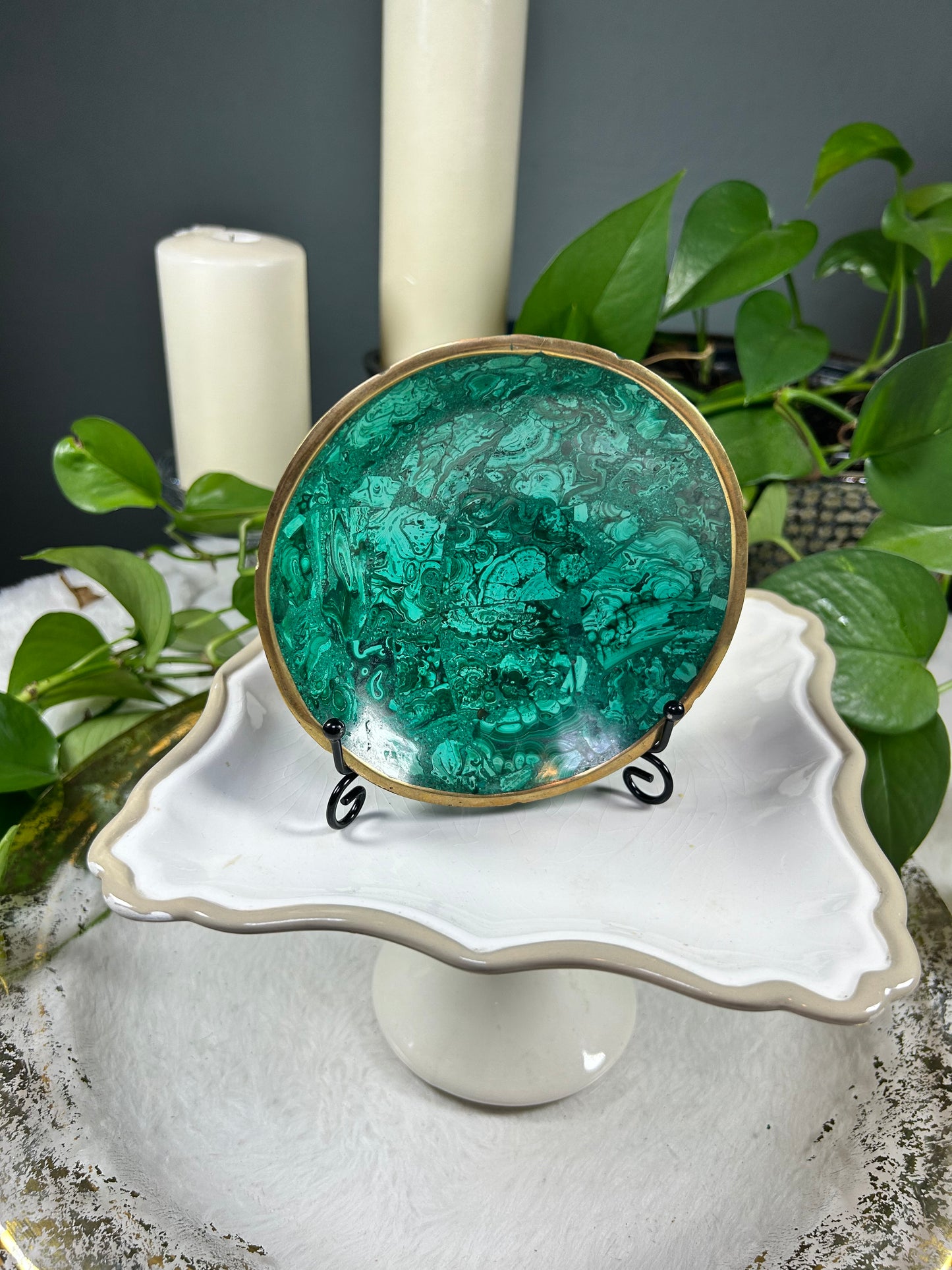 Medium 100% natural polished malachite plate show piece (not for consumption) - .55 pounds (5.25 inches)