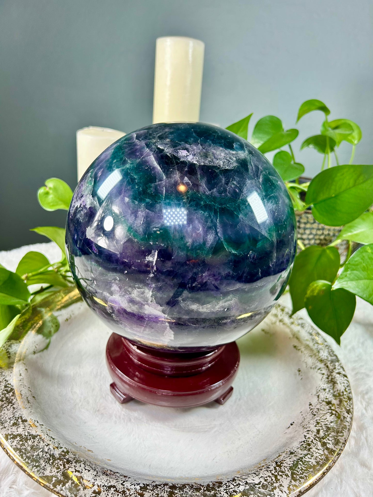 XX-large GIANT banded rainbow blue and purple fluorite sphere - 36.97 pounds (9 inches)