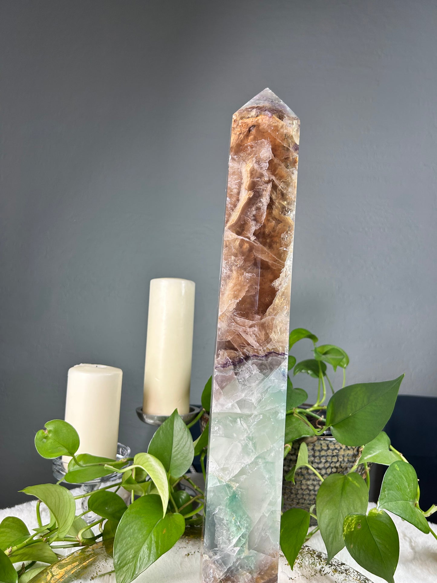 XX-large GIANT/TALL banded rainbow (green gold purple blue) fluorite crystal tower - 16 pounds (3.5in x 21.5in x 3in)
