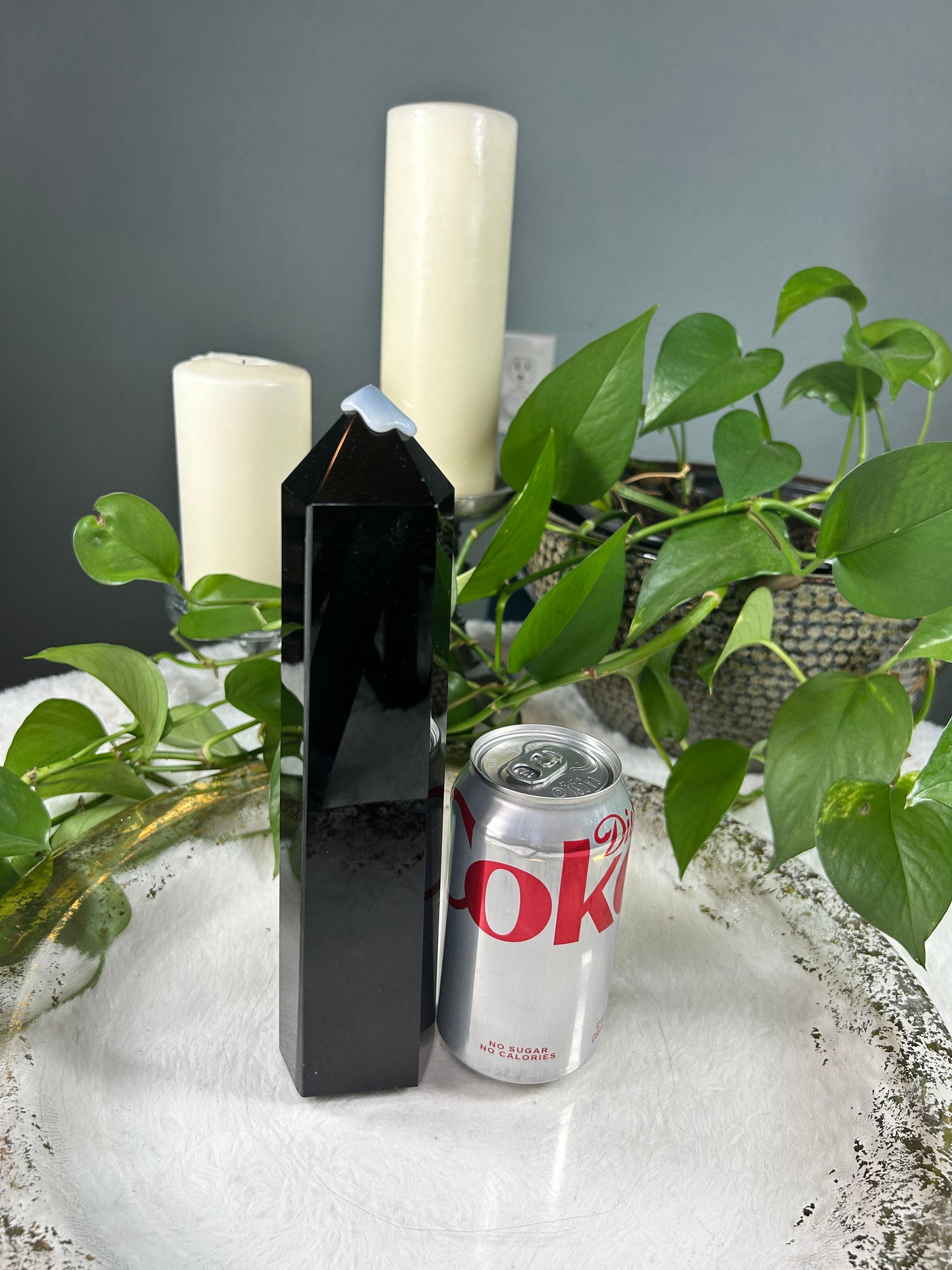 Large 100% natural completely black obsidian crystal point tower - 2.62 pounds (2in x 10in x 2.5in) - protective wax on tip comes off under hot water