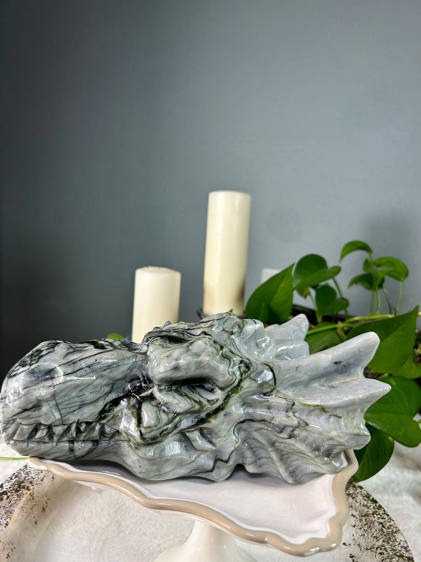 X-large grey and green marbled jade dragon head - 9.045pounds (9.5in x 6.5in x 4in)