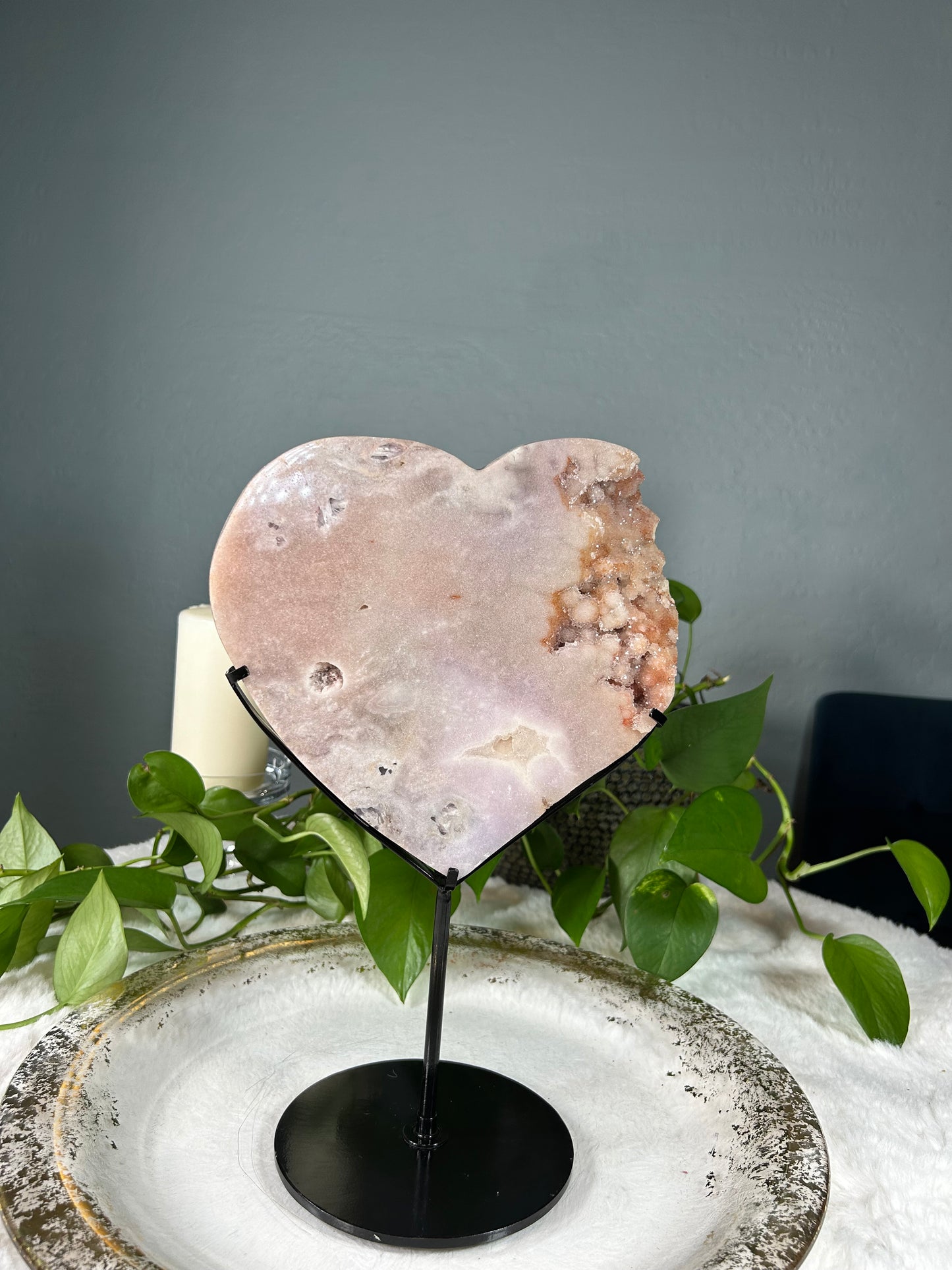 Large druzy/raw pink amethyst heart with custom stand - 6.875 pounds with stand (8.5in x 8in x 1.5in)