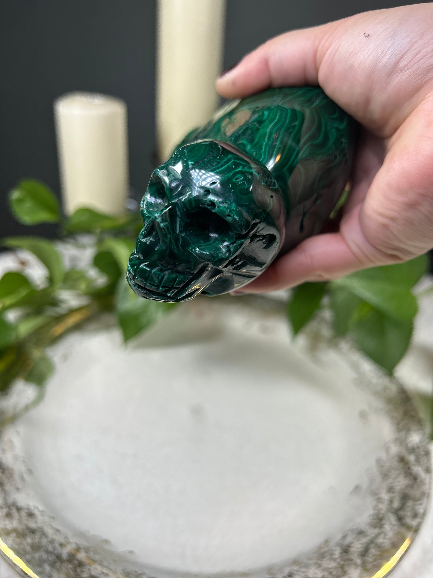 Large one of a kind standing 100% natural Malachite heart and skull hand carved crystal carving - 3.735 pounds (8in x 4.5in)