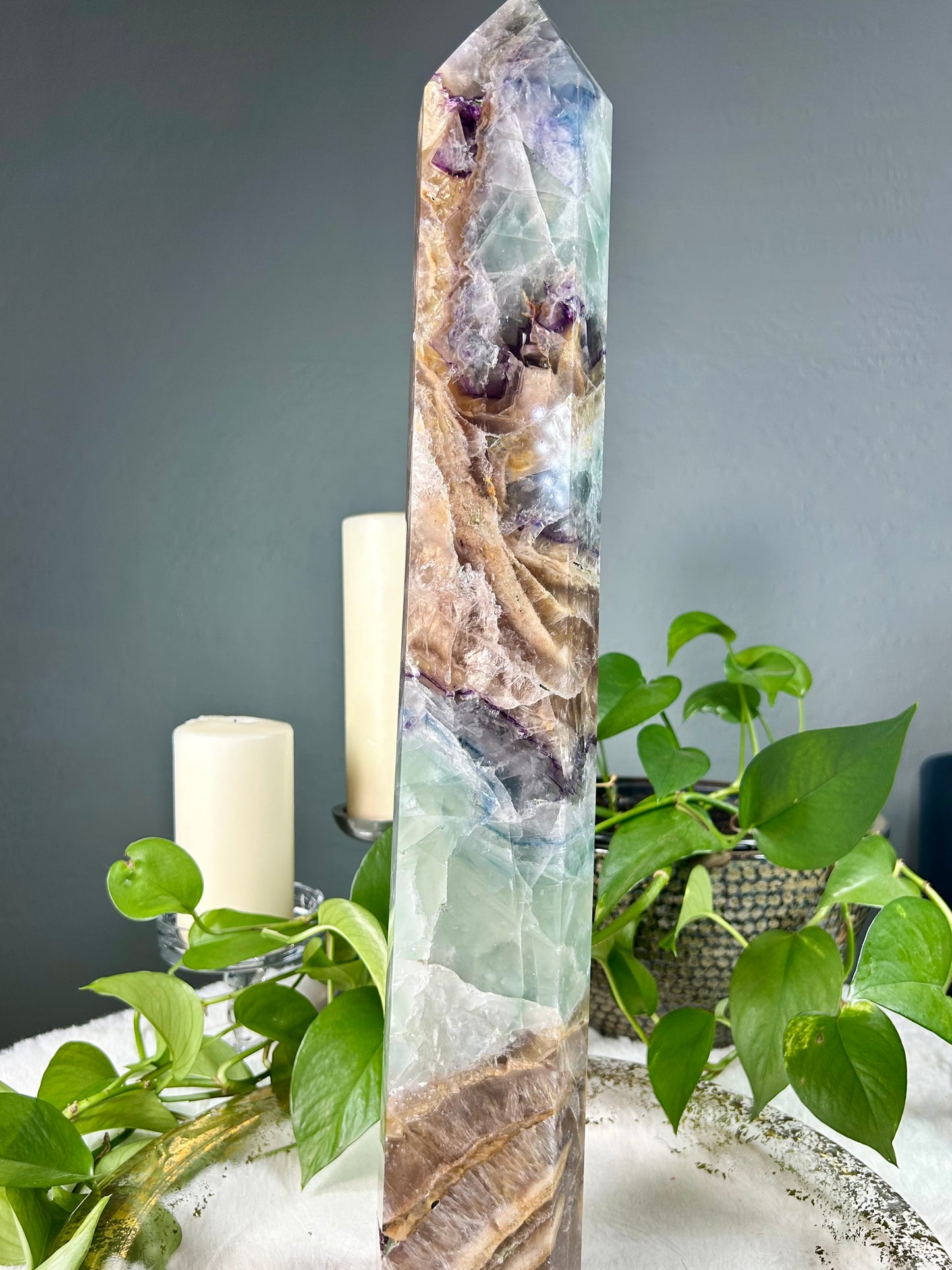 XX-large GIANT/TALL banded rainbow (green gold purple blue) fluorite crystal tower - 16 pounds (3.5in x 21.5in x 3in)