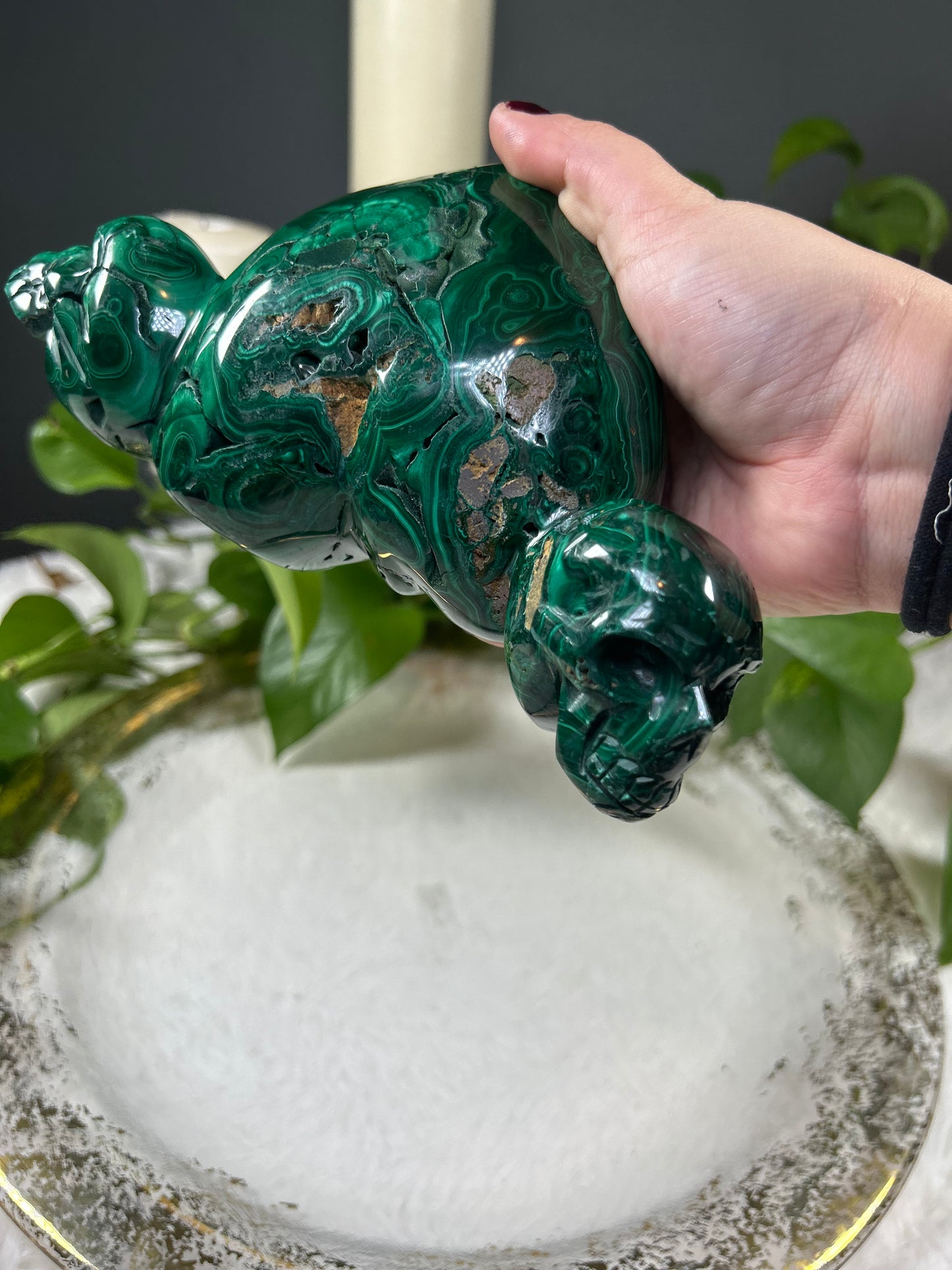 Large one of a kind standing 100% natural Malachite heart and skull hand carved crystal carving - 3.735 pounds (8in x 4.5in)