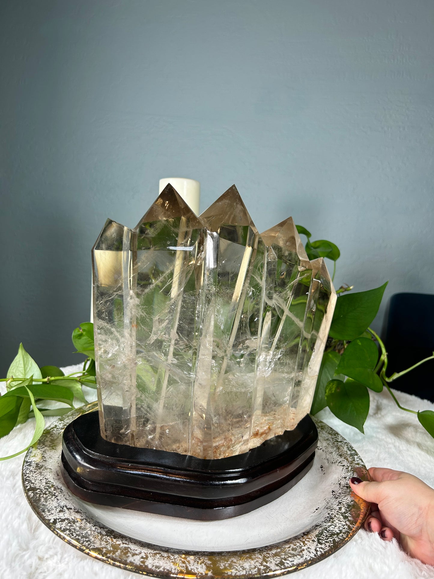 XX-large 5 point 100-% natural smoky quartz tower with custom stand - gorgeous clarity and rainbows - 21.715 pounds (12in x 13in x 6in)