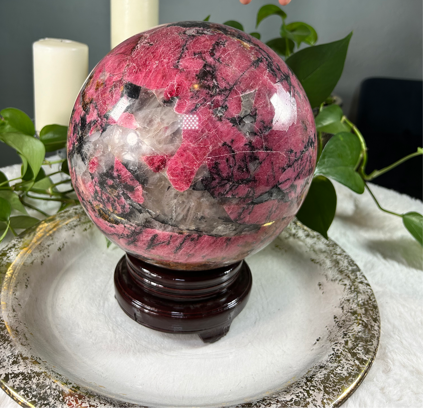 XX-large GIANT cherry rhodonite and quartz crystal sphere - 41.775 pounds (9 inches)