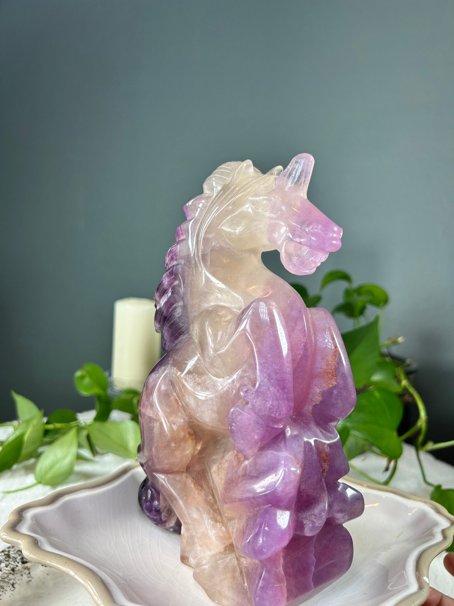 X-large hand carved purple banded fluorite full body unicorn statue crystal carving - 7.79lbs (6in x 9in x 3in)