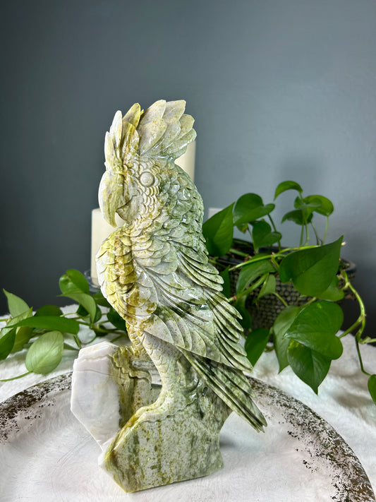 XX-Large green jade parrot/cockatoo carving statue - 9.015 pounds (8.5in x 13.5in x 3in)