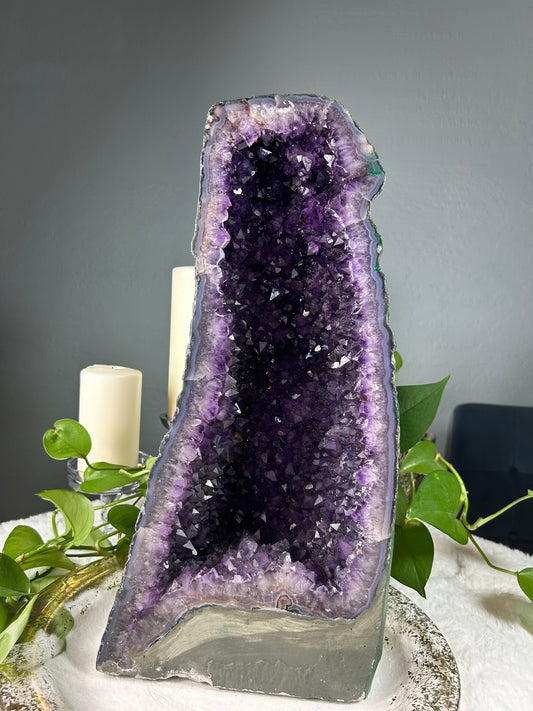 XX-large dark purple Brazilian amethyst raw druzy crystal cathedral - 27.91 pounds (9in x 19in x 7in)