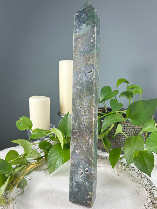 X-large TALL green moss agate crystal tower point - 5.025 pounds (2.5in x 18in x 1.5in)