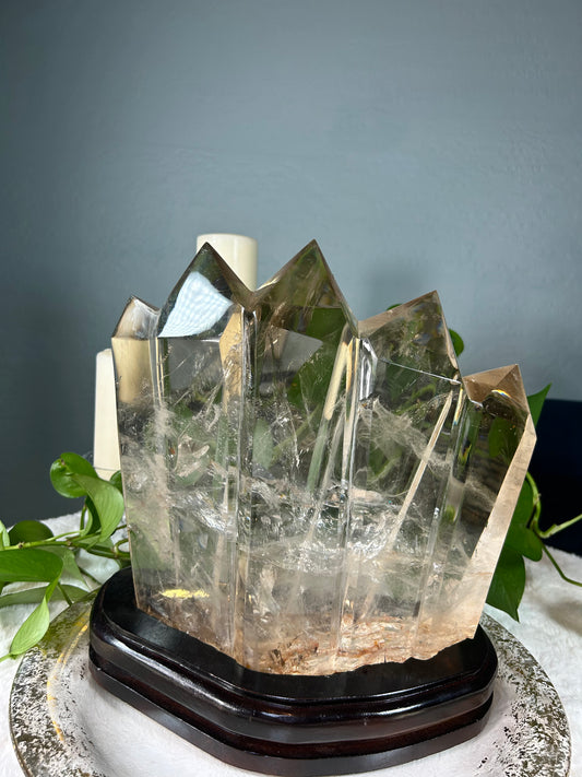 XX-large 5 point 100-% natural smoky quartz tower with custom stand - gorgeous clarity and rainbows - 21.715 pounds (12in x 13in x 6in)