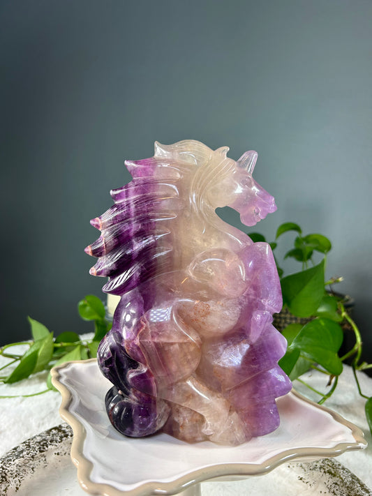 X-large hand carved purple banded fluorite full body unicorn statue crystal carving - 7.79lbs (6in x 9in x 3in)