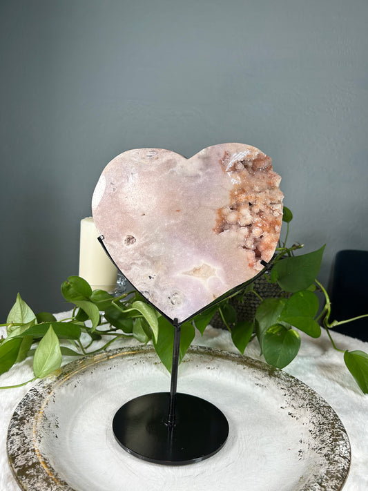 Large druzy/raw pink amethyst heart with custom stand - 6.875 pounds with stand (8.5in x 8in x 1.5in)
