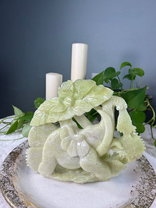 Large light green jade elephant carving - 6.26 pounds (10.5in x 10in x 2in)