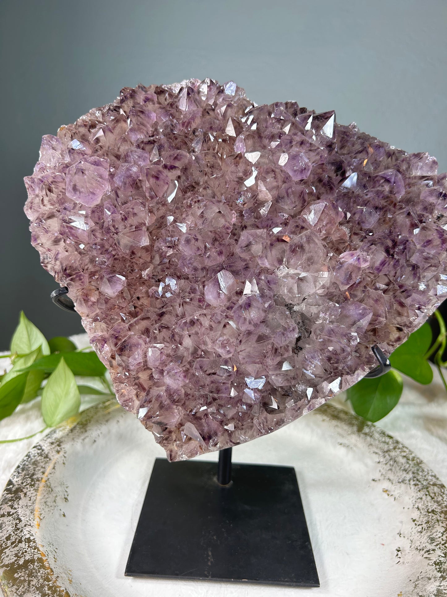 X-large raw druzy amethyst heart with Goethite inclusions and custom stand - 16.985 pounds with stand (11.5in x 10.5in x 2in)