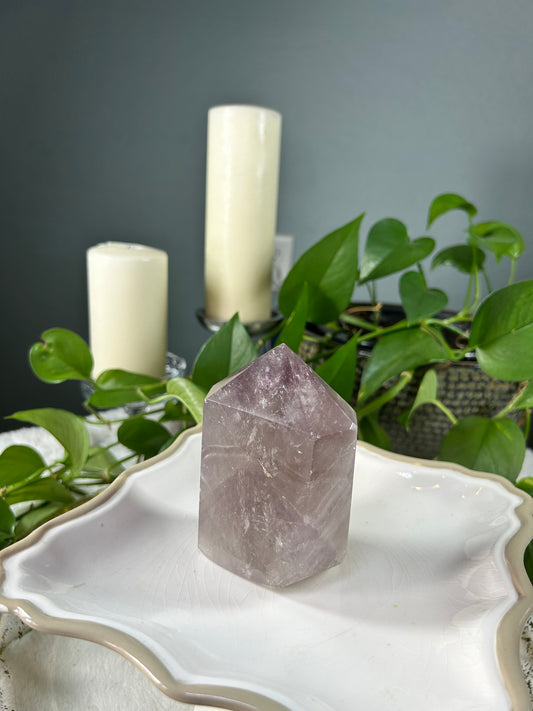 Small light grey smoky quartz point crystal tower with rainbows- 1.275 pounds (3in x 4in x 1.5in)