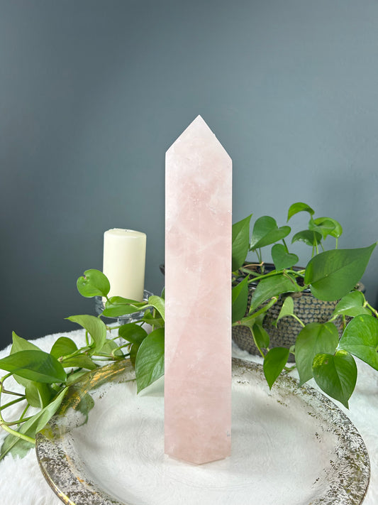 X-Large dreamy light pink rose quartz crystal tower point - 8.785 pounds (3.5in x 15in x 3.5)
