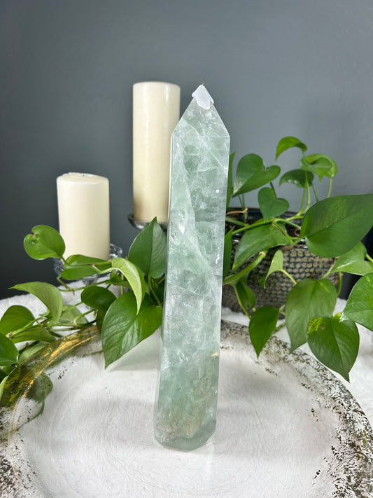 Large icy light mint green fluorite crystal tower point with rainbows- 4.945 pounds (3in x 13in x 2.5in) - protective wax tip comes off under hot water