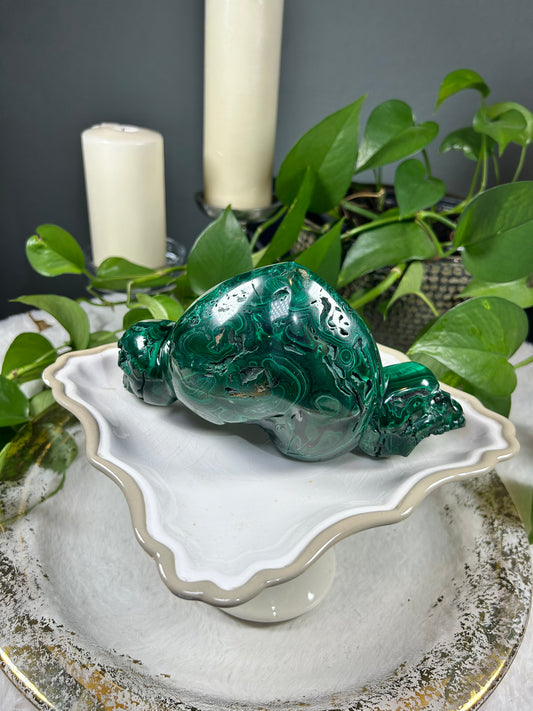 Large one of a kind standing 100% natural Malachite heart and skull hand carved crystal carving - 3.735 pounds (8in x 4.5in)