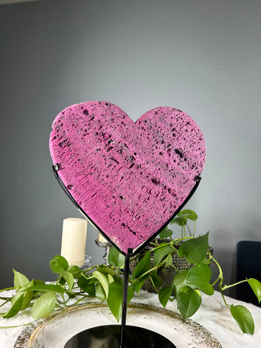 XX-large honeycomb ruby heart with pink uv reaction and custom stand (lab grown mineral) - 25.79 pounds with stand (12.5in x 12.5in x 2in)
