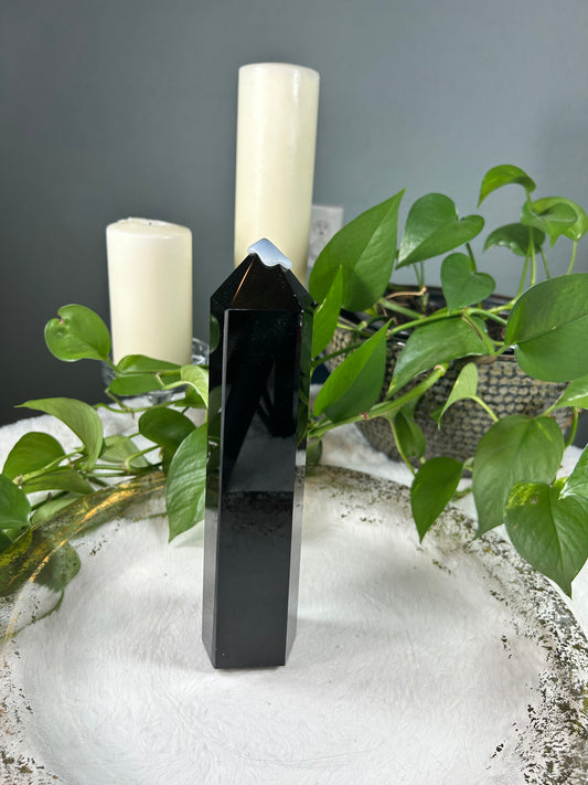 Large 100% natural completely black obsidian crystal point tower - 2.62 pounds (2in x 10in x 2.5in) - protective wax on tip comes off under hot water