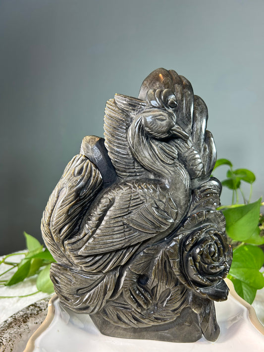 Large golden sheen obsidian hand carved phoenix bird with rose statue carving- 4.46 pounds (7.5in x 10in x 1.5in)