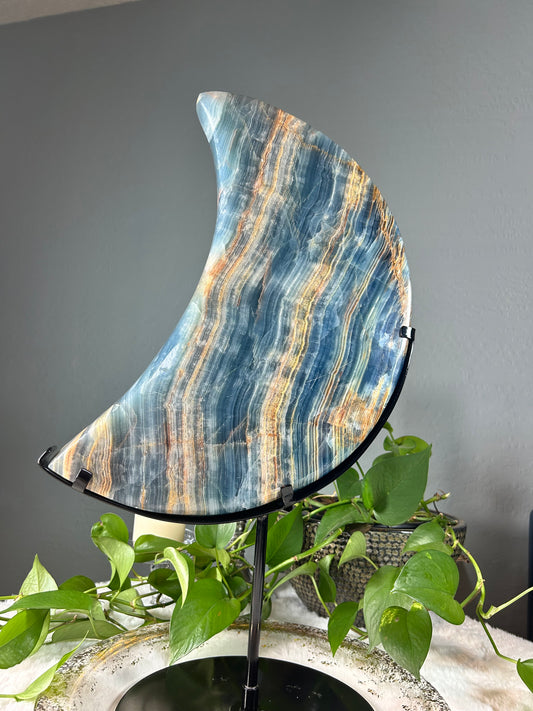 XX-large high quality banded blue onyx crystal moon with custom stand - 33.035 pounds (22.5in x 16in x 2in)