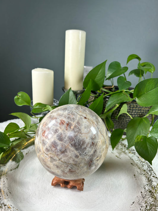X-large sunstone in moonstone sphere with blue flash - 12.235 pounds (6 inch)
