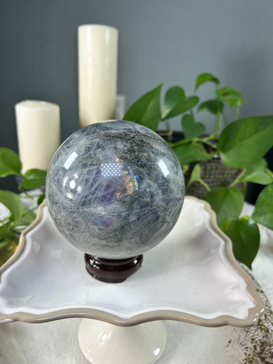 Large purple and pink flash Labradorite crystal sphere 4.515 pounds (4.5 inches)