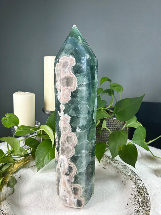 XX-Large THICK/WIDE ocean blue fluorite crystal tower with unique Sakura flower inclusions - 16.05 pounds (4in x 16in x 3.5in)
