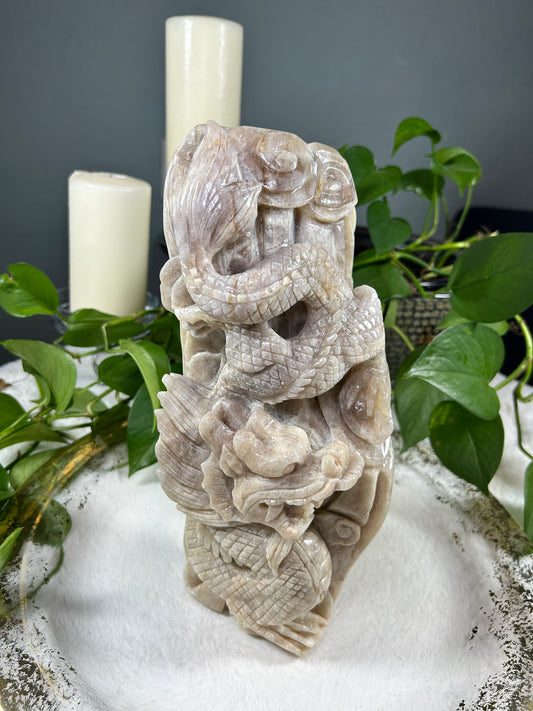 X-large white moonstone (with blue flash) hand carved eastern dragon statue crystal carving- 10.335pounds (12 inches tall)