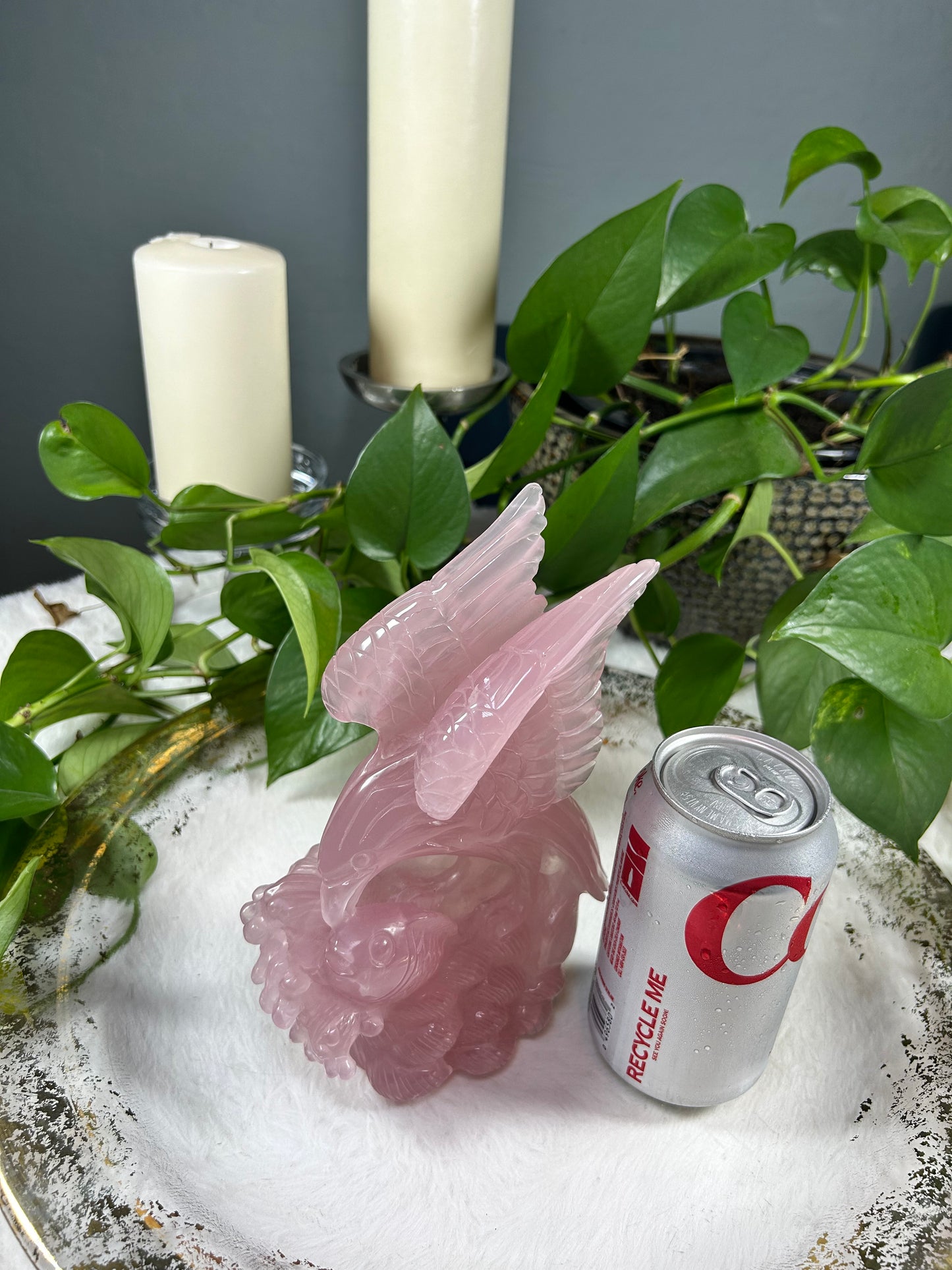 Large High quality RARE star rose quartz eagle eating fish out of water carving statue - 2.4 pounds (8in x 5in x 3in)