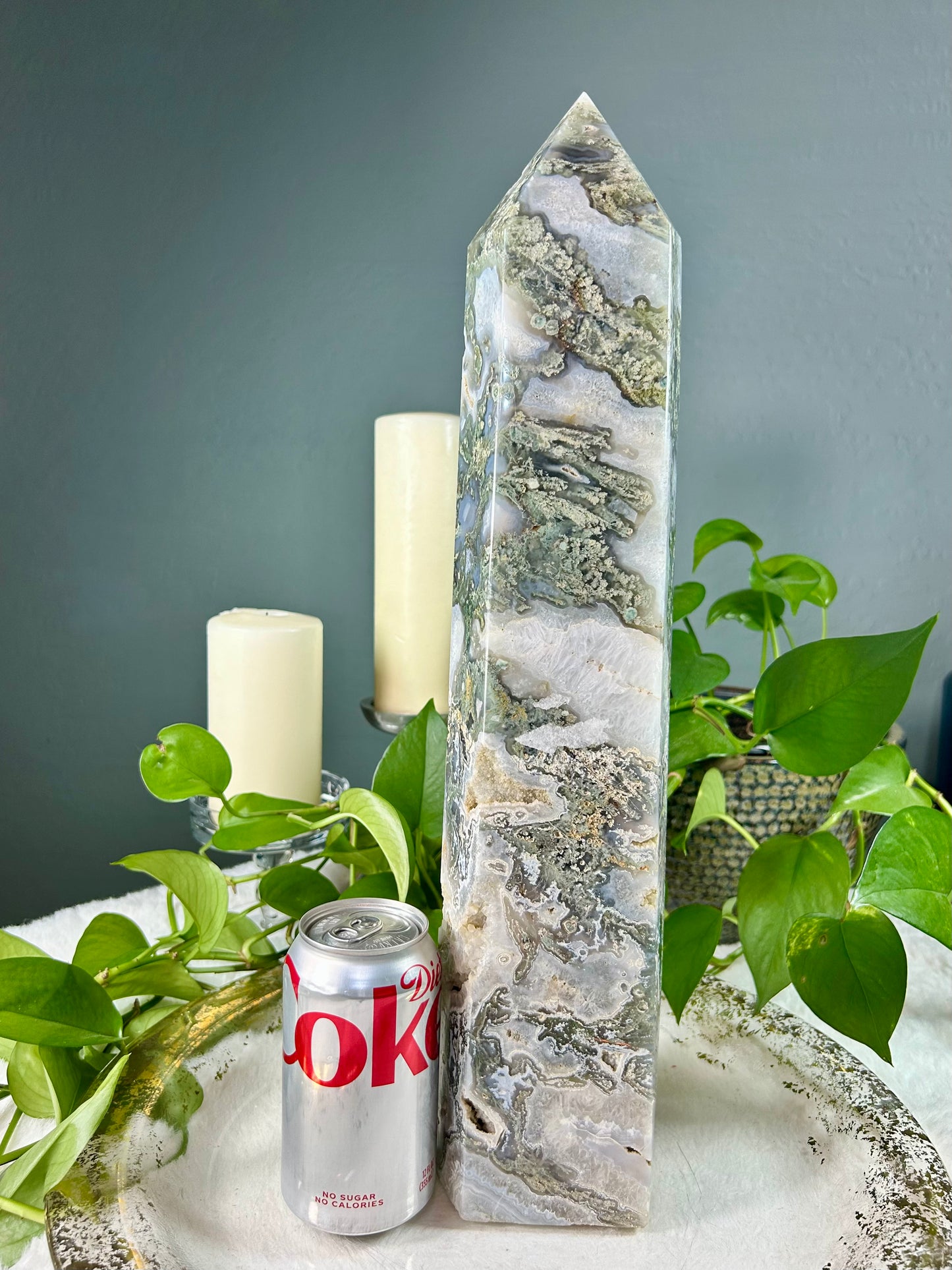 XX-large GIANT/TALL light blue and green moss agate crystal tower with raw druzy part- 15.66 pounds (4in x 18.5in x 4in)