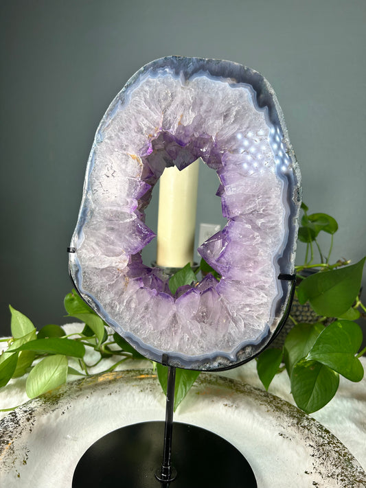 Large Brazilian light purple amethyst raw cluster slice / halo with custom stand- 10.26 pounds with stand (8in x 10.5in x 1.5in)