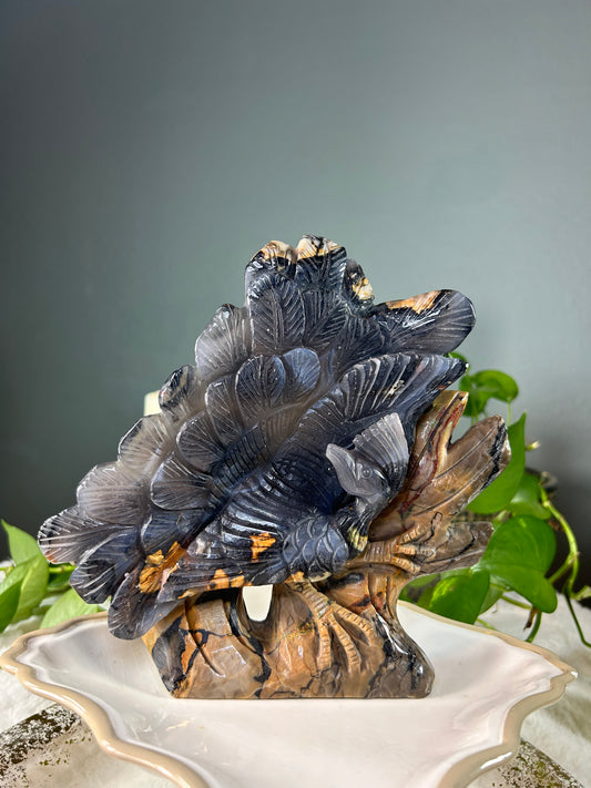 Large volcano agate (green uv reactive) hand carved peacock/bird in tree statue carving - 3.820 pounds (8.5in x 8.5in x 1.5in)