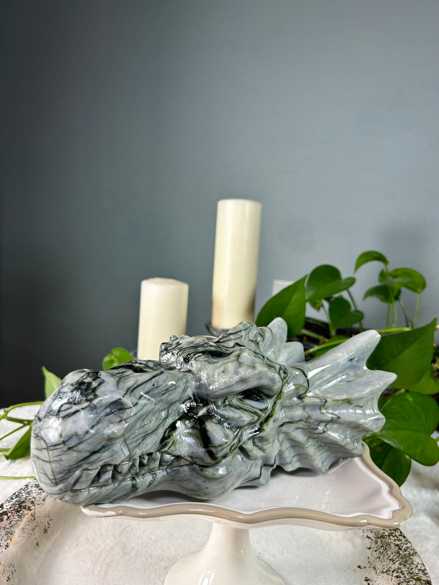 X-large grey and green marbled jade dragon head - 9.045pounds (9.5in x 6.5in x 4in)
