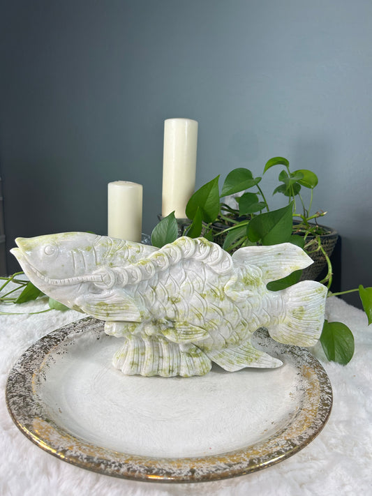 XX-Large lemon jade lucky money goldfish crystal carving with money coins for prosperity - 11.870 pounds (15.5in x 7in x 3in)