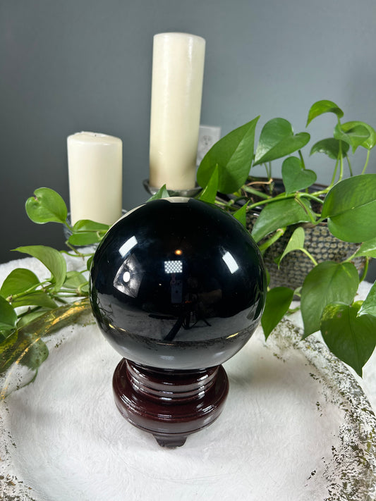 X-large 100% natural completely black obsidian crystal sphere - 9.59 pounds (6 inches) [note: small light scratch = 18% discount]