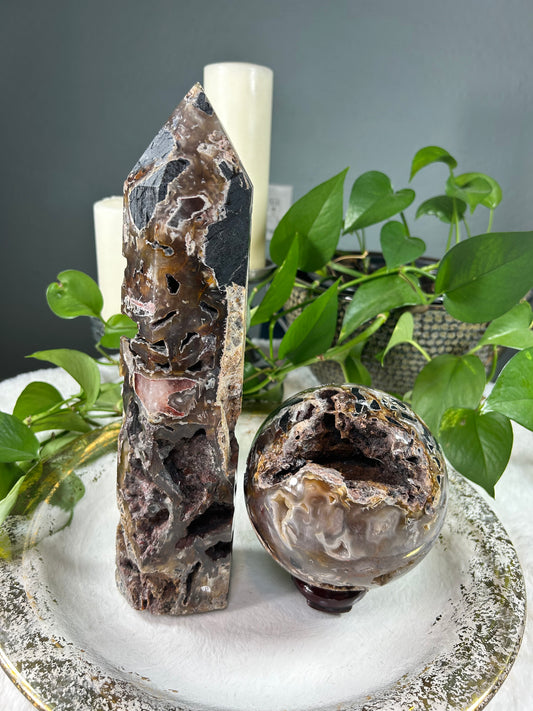 Large raw druzy mixed tourmaline crystal sphere and tower set - sphere is 5.795 pounds (5.5 inches) tower is 5.2 pounds (3.5in x 13in x 3in) - discount for set but can be sold separately
