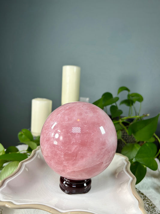 Large dark pink rose quartz crystal sphere - 5.47 pounds (~4.5 inches)