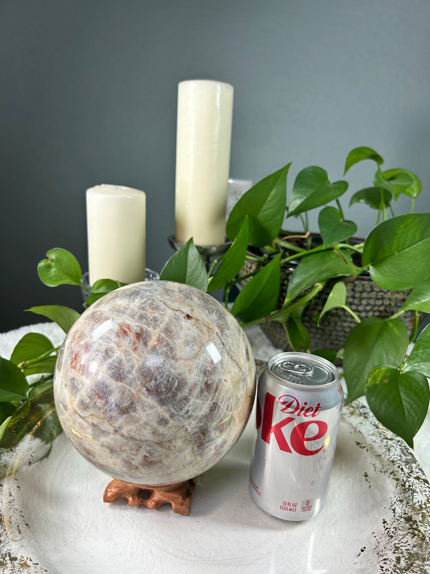 X-large sunstone in moonstone sphere with blue flash - 12.235 pounds (6 inch)