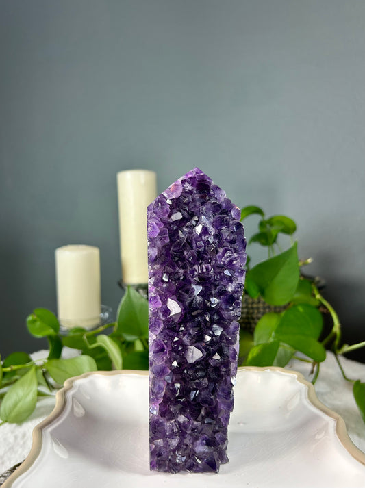 Large 100% natural purple amethyst x orca agate geode/raw cluster tower/point - 2.215 pounds (2.5in x 7.5in x 2in)