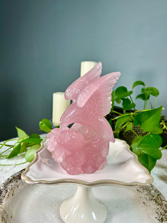 Large High quality RARE star rose quartz eagle eating fish out of water carving statue - 2.4 pounds (8in x 5in x 3in)