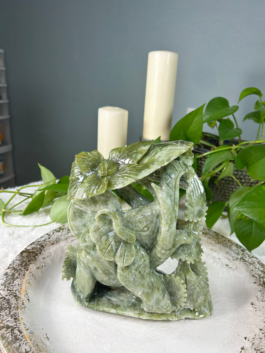 Large green jade elephant carving - 6.455 pounds (8in x 9in x 3in)