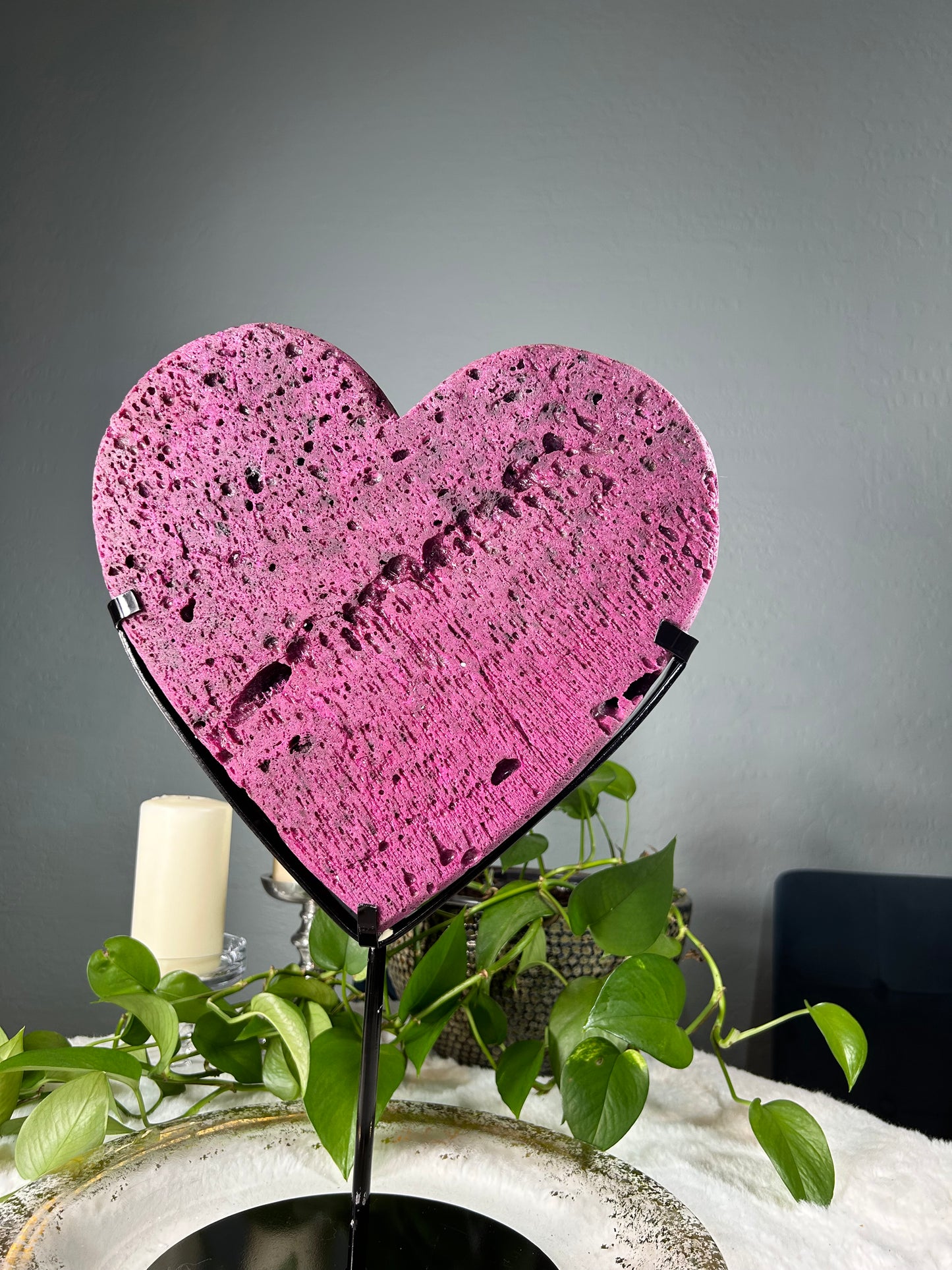 XX-large honeycomb ruby heart with pink uv reaction and custom stand (lab grown mineral) - 25.79 pounds with stand (12.5in x 12.5in x 2in)